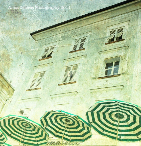 Green Striped Umbrellas at a Cafe in Salzburg, Austria - Fine Art Photography 8x8" Matte Print