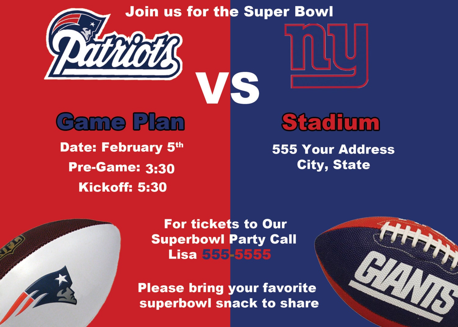 Custom Superbowl Giants Patriots Invite