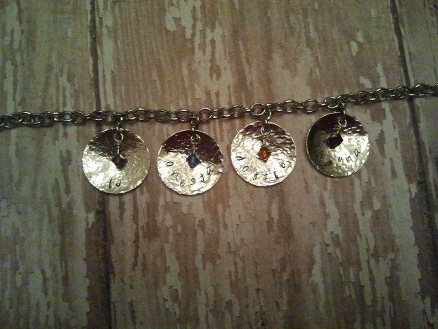 Metal hand stamped bracelet with Swarovski birthstone beads