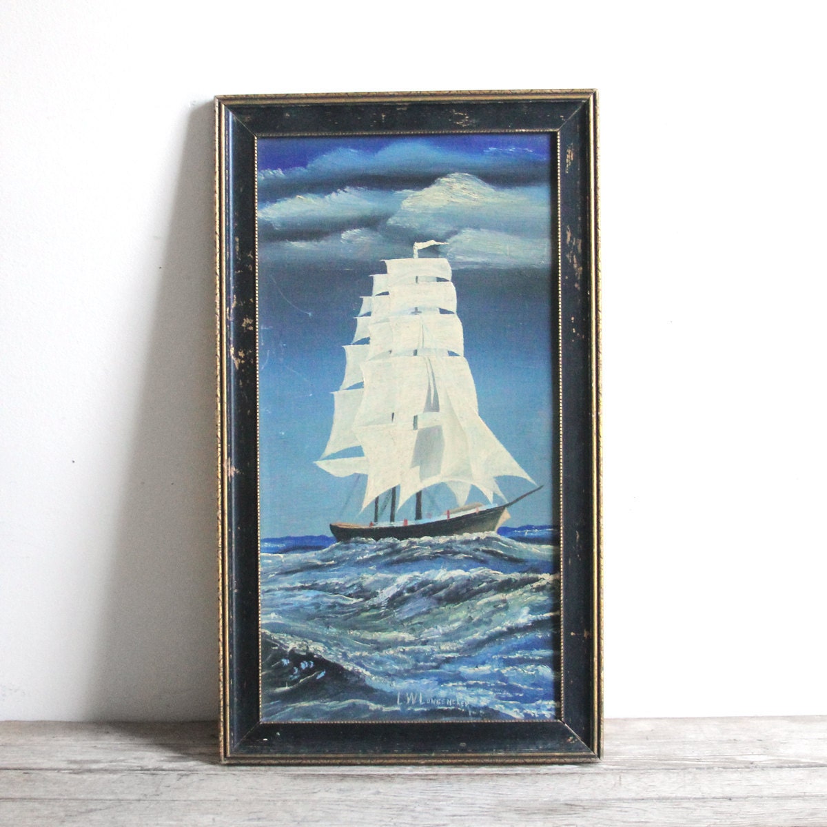vintage framed ship oil painting
