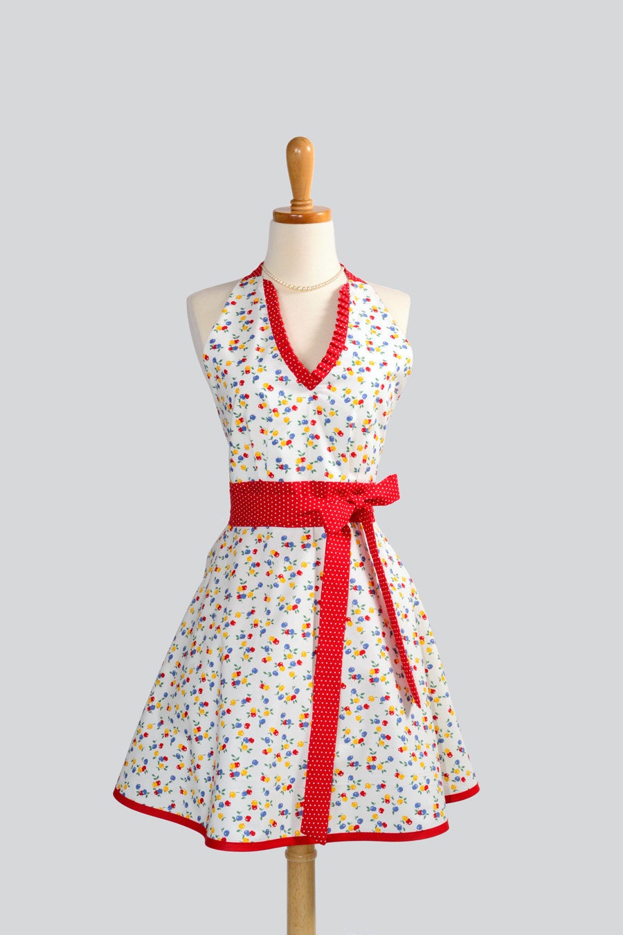 Sexy Womens Hostess - Handmade Halter Apron in Retro Mini Berry of Blue Yellow and Red with Polka Dot Red Trim