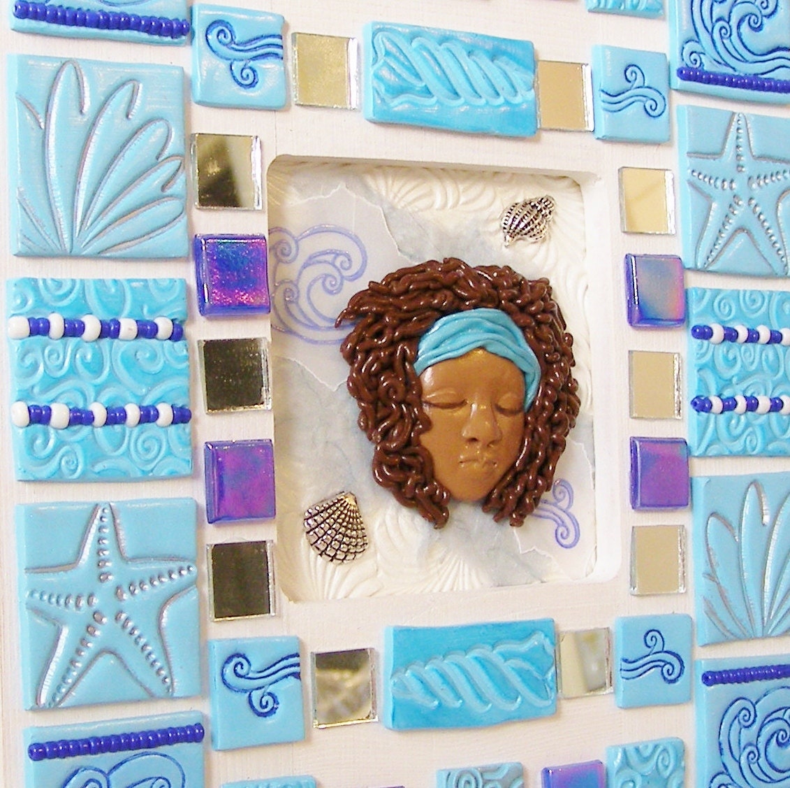 Yemaya Ocean Blue OOAK Polymer Clay Mosaic Shrine