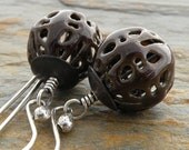Brown Enamel Earrings, Filigree, Ball, Round, Sterling Silver, Copper
