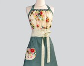 Cute Kitsch Apron / Turquoise and Brown Houndstooth  and Creamy Florals