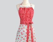 Cute Kitsch Apron / Red and White Filigree Bodice atop a Love in Bloom Sky Blue with Red to Pink Roses