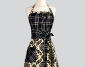 Cute Kitsch Apron / Creamy Ivory and Black Damask with Black Plaid Bodice Sure to be a Hit