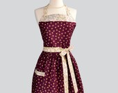 Womens Classic Bib Apron - Vintage Style Small Flowers in Plum