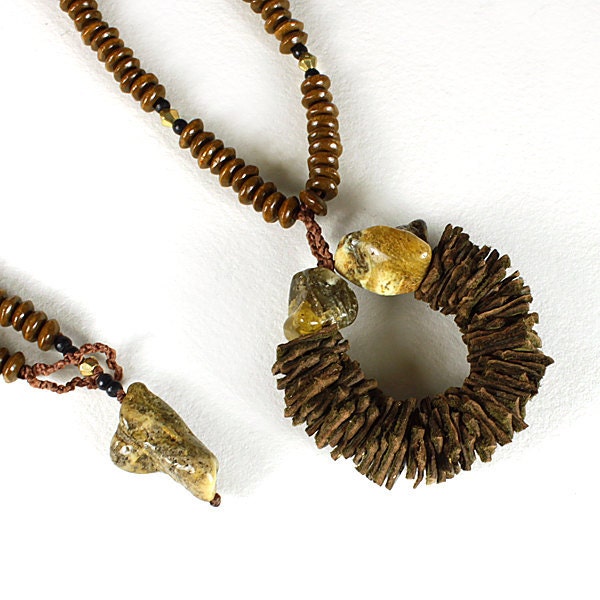 Shaman Circle Pendant with brown leather, wooden beads and Baltic Amber