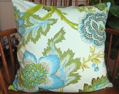 Pillow Cover Green Slipcover Floral Lime Turquoise Sateen Twill
