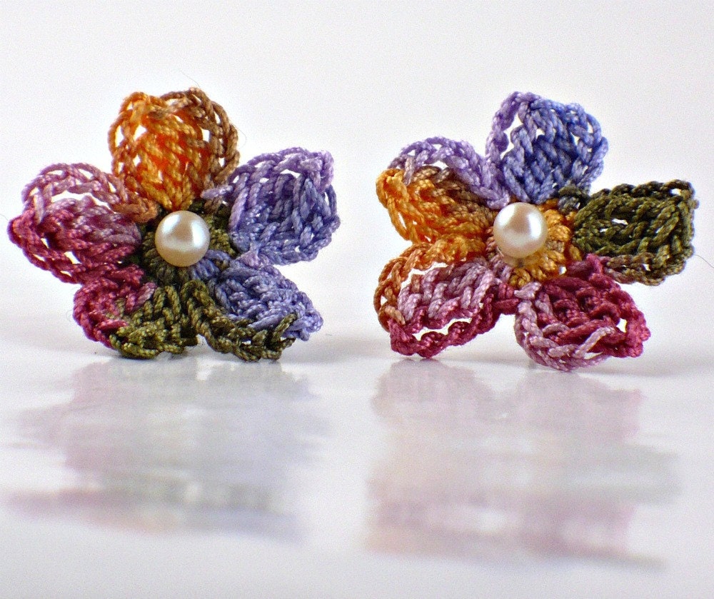 Crochet Earrings Flower Stud Earrings Hypoallergenic Olive Lavender Peach Rose Salmon