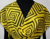 Hand Painted Silk Scarf Sunrise Maze in Yellow and Black. size 11x60. Made in Colorado. 100% silk.