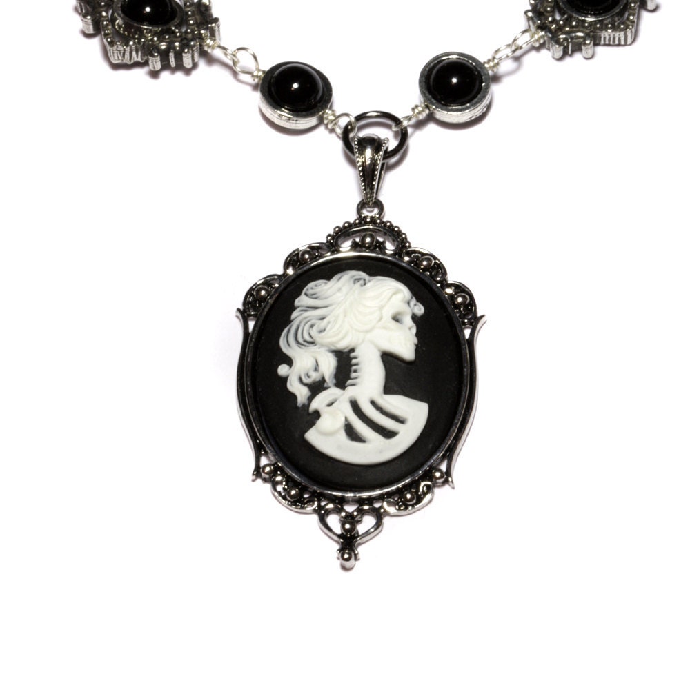 SteamGoth Jewelry - Necklace - Black and White Skeleton Lolita portrait Cameo  -  Black Onyx