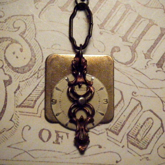CHRONO TAG - Steampunk Novelty - Vintage Brass Tag Watch Dial Copper Finding  Assemblage Mens, Womens Necklace - LARP