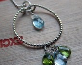 Jewel tone blue topaz, peridot briolette necklace, artisan jewelry, wire wrapped, sterling silver, 18 inch