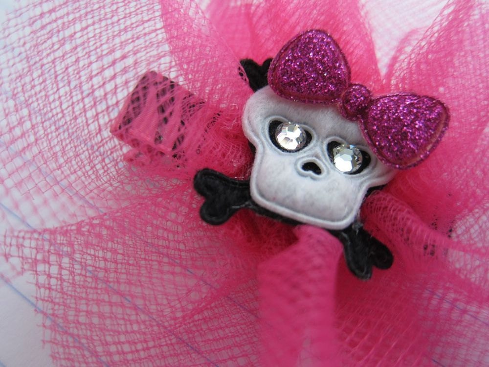 Skull Tutu Hot Pink Tulle Hair Clip Bow - Pretty in Pink . Zebra . Punk Rock . Biker Chic .