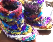 Hand Crocheted Funky Slippers/Houseboots -  Sari Ribbon yarn - crochet slipper boots.  ugg style :) - allthingzenergy