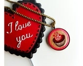 Cupcake Pendant, Valentines Day, Happy Art, Hand Painted, Miniature Painting, Kawaii Jewelry, Pink, Red, Wood and Metal, Bronze, FREE SHIP