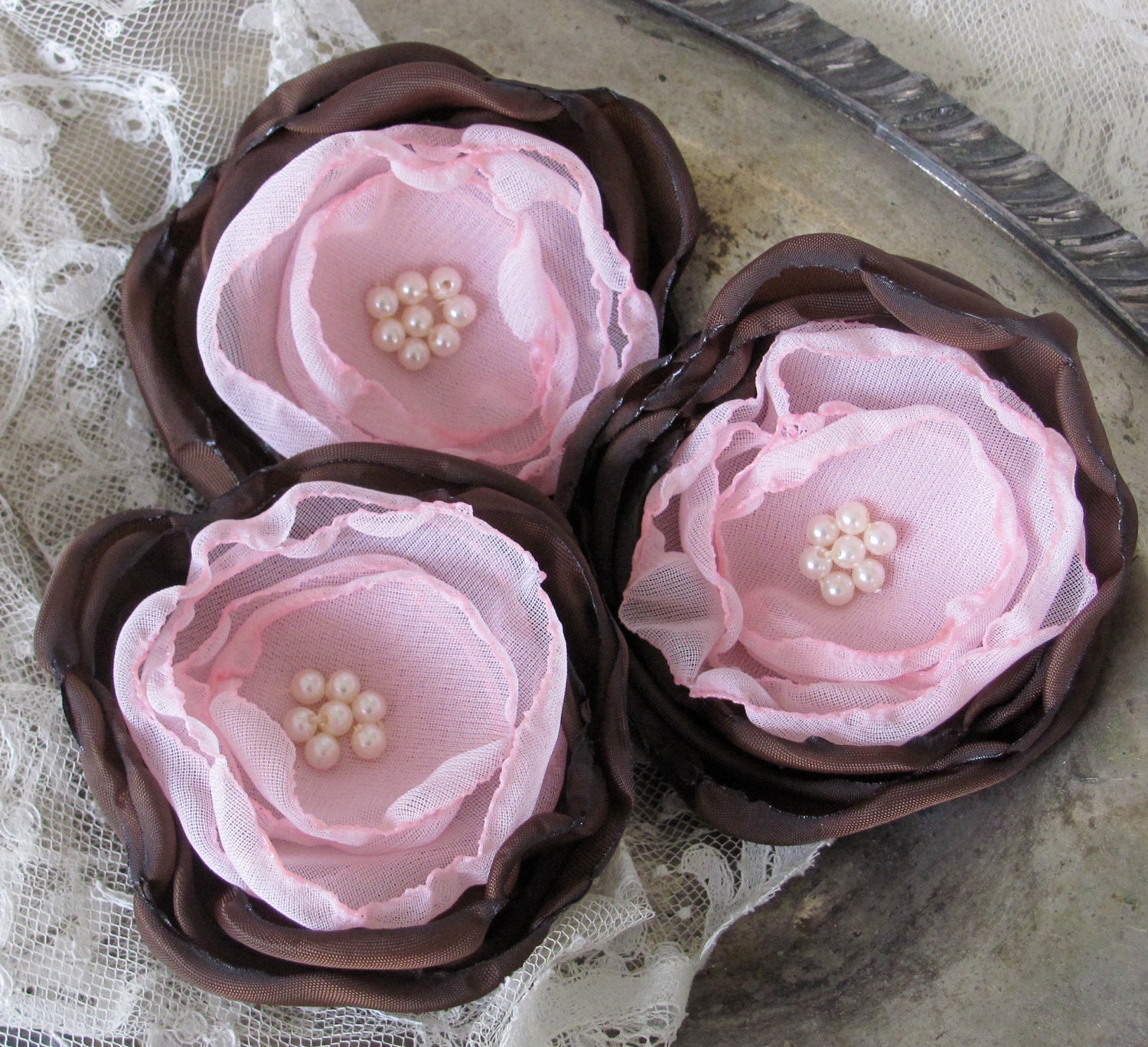 Fabric Flowers Set of 3 Chocolate Brown and Pink by My Broken Art on Etsy