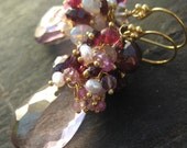 Pink quartz, opal, garnet earrings in gold --Marchesa-- RESERVED