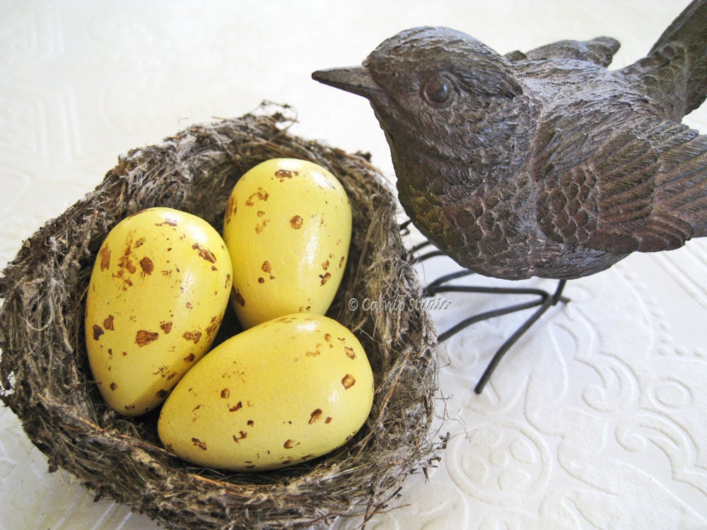 Small Painted Nest Eggs robins egg butter yellow speckled sepia brown handmade