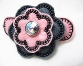 Hair Clip Embroidered Felt Flowers Pink and Grey with Black