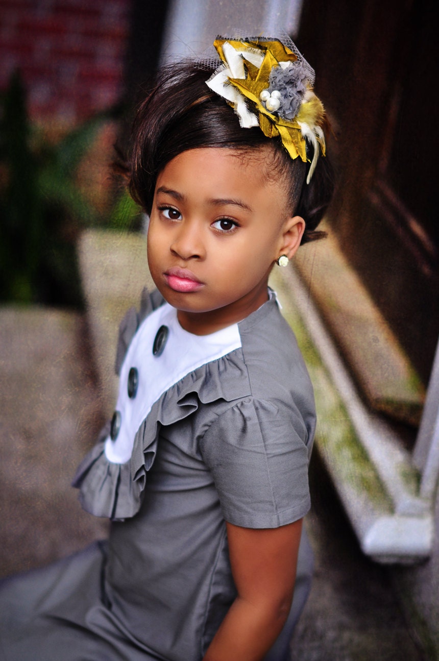 Mustard Yellow Hair Clip....Flower Hair Clip...Flower Fascinator...Feather Fascinator...Flower Clip...mustard yellow...yellow..gray...CADY