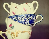 Tea Cup Photograph - gold yellow white green cream purple grey vintage style image olive green Antique Cups 8x10