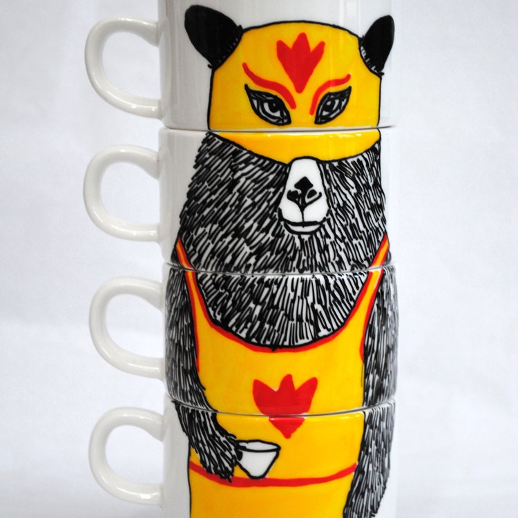 Hand painted set of 4 espresso cups - The Handsome One