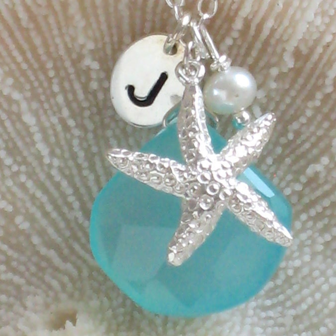 RESERVED 2 Waves Necklace - Chalcedony Briolette, Starfish Charm and Hand Stamped Initial Tag in Sterling Silver