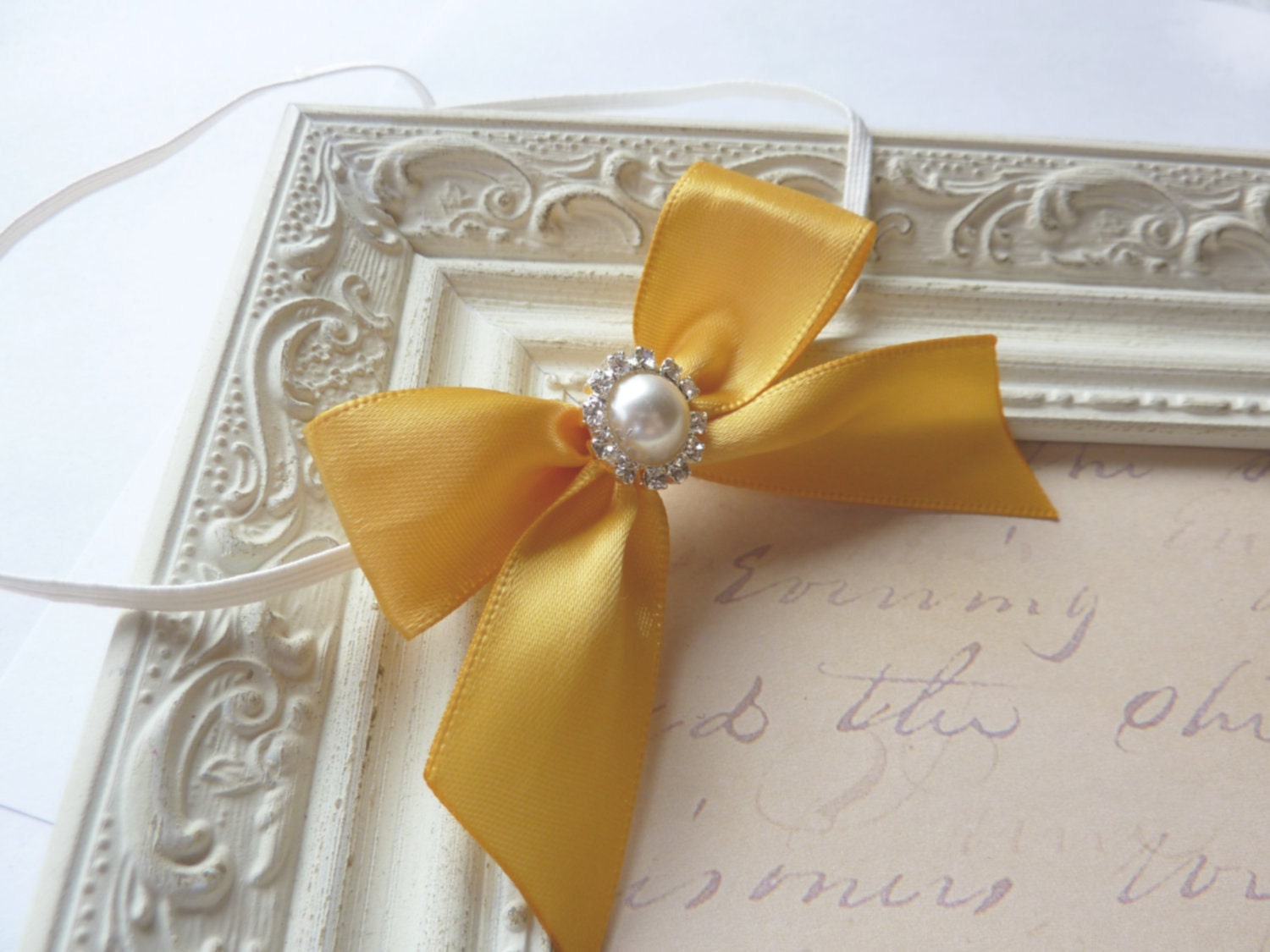 Simple and Stunning Mustard Yellow Satin Bow Headband With Gorgeous Pearl and Rhinestone Center Accent Infants, Babies or Adults
