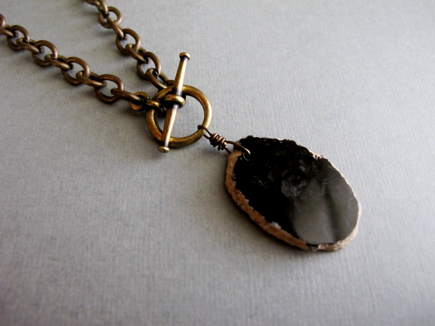 Black Agate Slice Pendant on Chunky Brass Chain Valentines Under 50