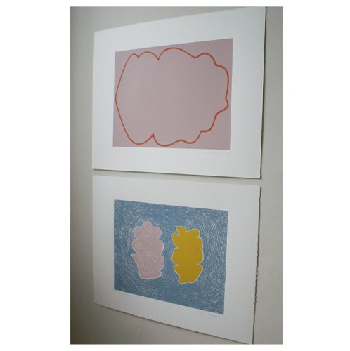 A pair of abstract,original handmade screenprints in lovely shades of pink,blue, yellow and orange