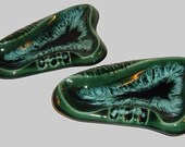 Midcentury Drip Glaze Ashtrays Set of 2 Aqua Green Amoeba Atomic Shape
