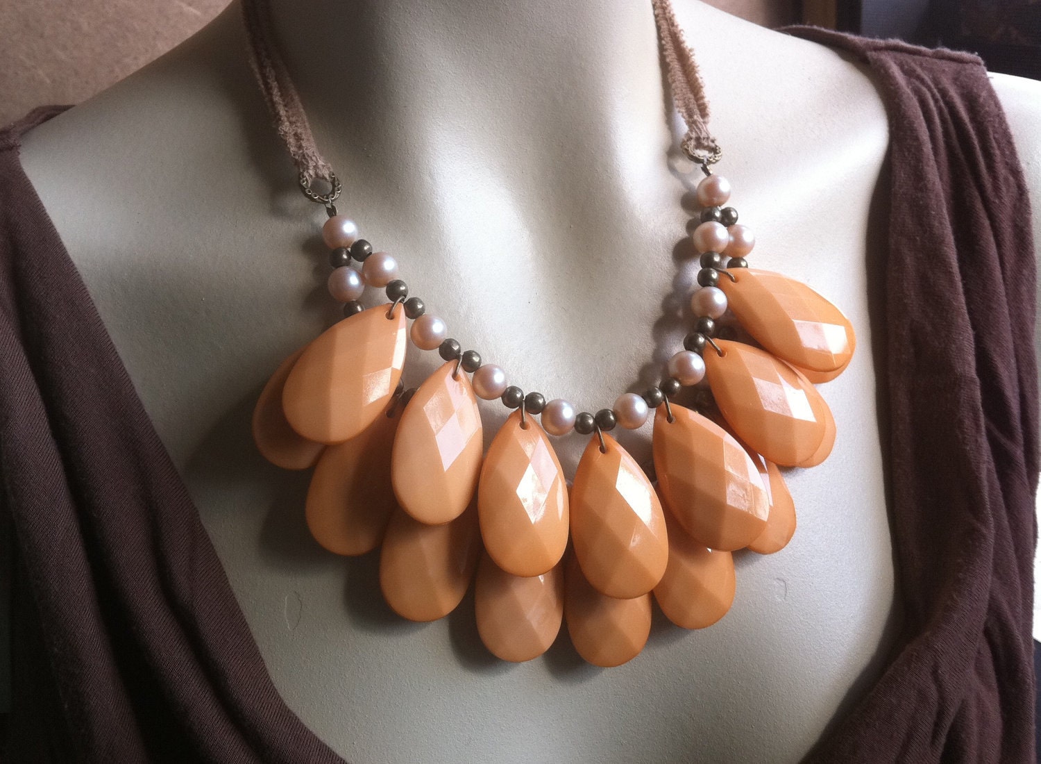 Double Stranded Briolette Bib Necklace Peachy Orange and Pearls with Brass Jersey Stormy Seas Anthropologie
