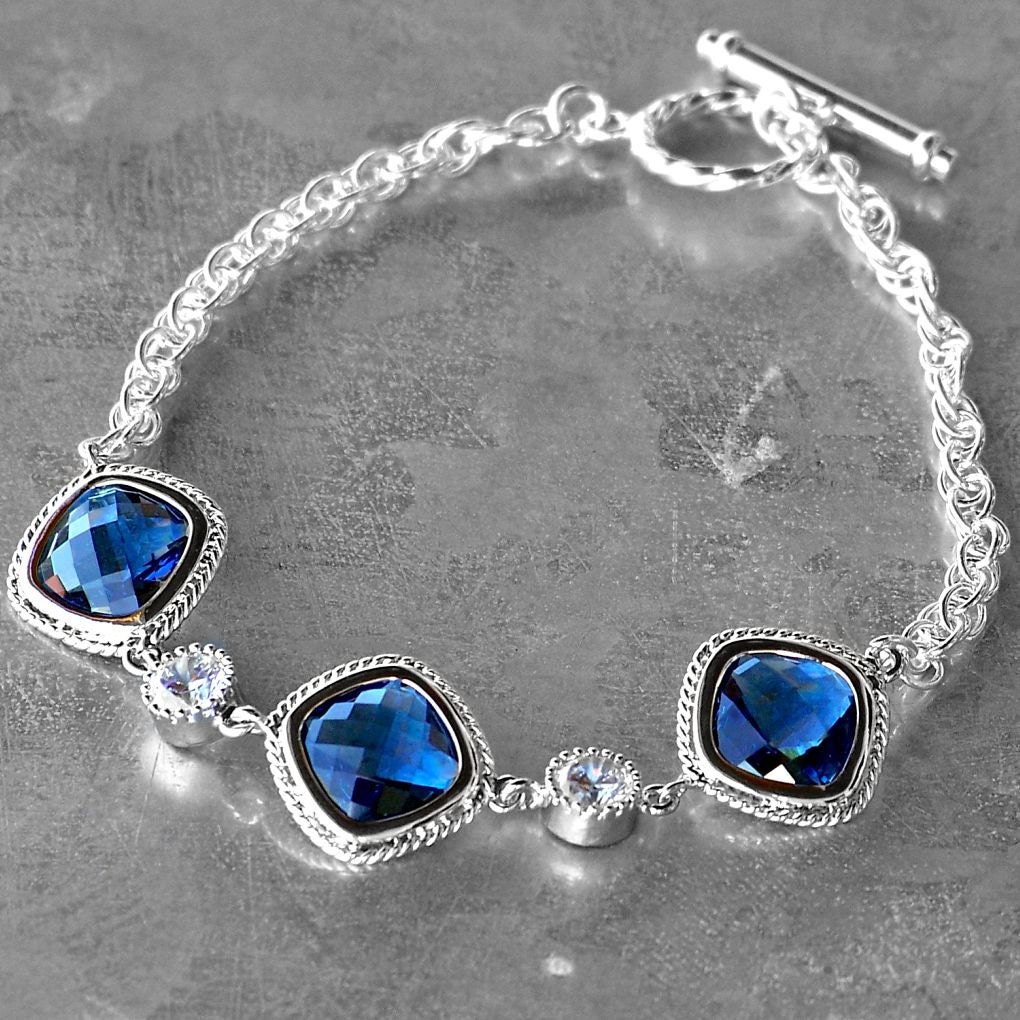 Faceted Sapphire Blue Crystal and Silver Bracelet