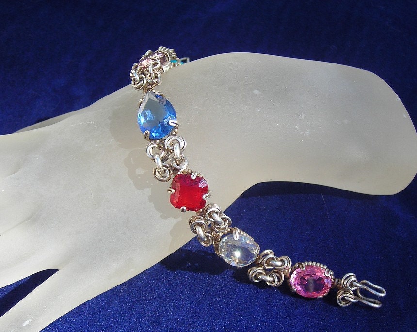 Vintage Glass Gem and Sterling Silver Bracelet in Multi Color Hues