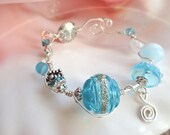 Sky Blue Aqua & Silver Wire Wrapped Sterling Silver Bracelet