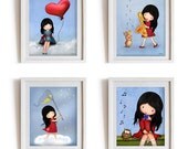 Sale, children wall art prints, kids room decor, girls nursery decoration , red, blue, sky owl, heart love
