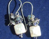 Silvery Coin Pearl and Iolite Earrings in Sterling Silver