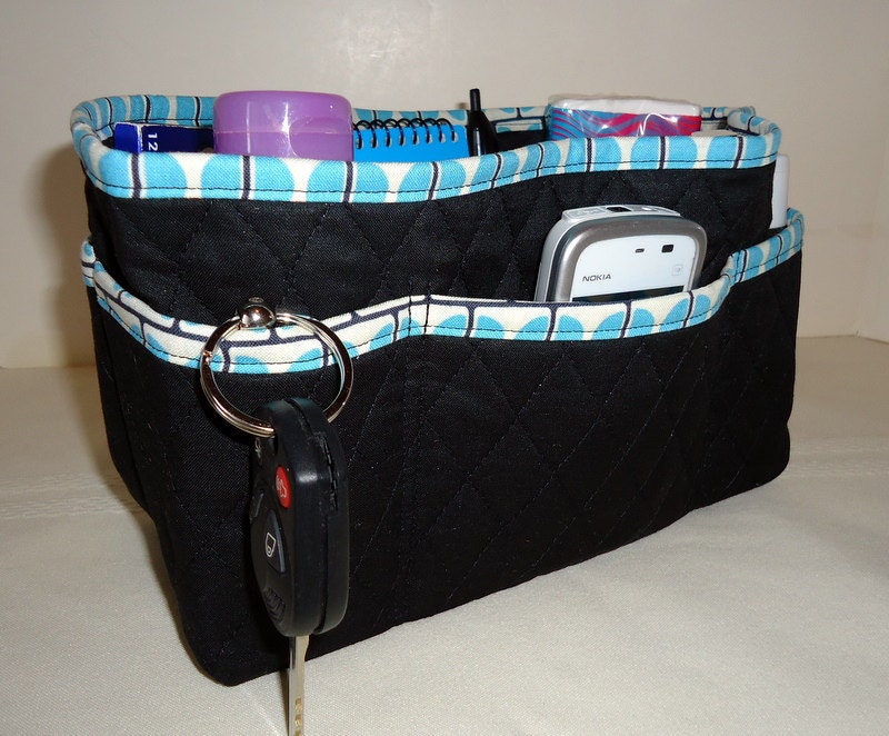 Quilted Purse Organizer Insert With 4" Depth Enclosed Bottom - Black With Aqua Blue