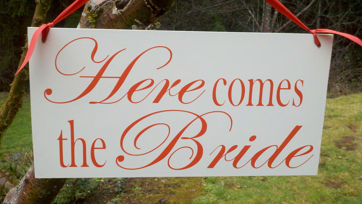 Wedding Photo Prop Here Comes The Bride/Happily Ever After TANGERINE ORANGE  Double Sided Wooden Board Great for Weddings
