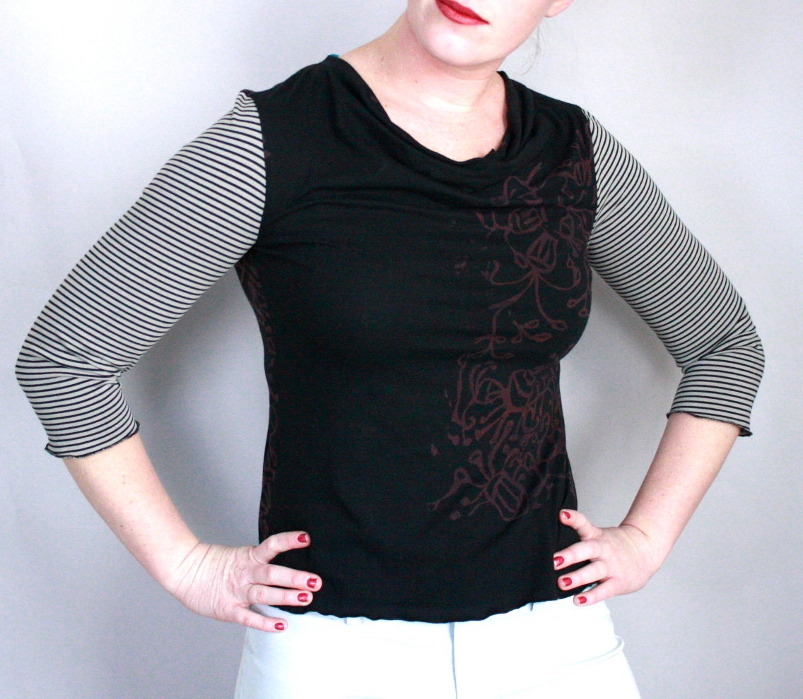 Cowl Tee in new hand printed black tencel wool blend, striped sleeves, and sky blue silk accent small medium or large
