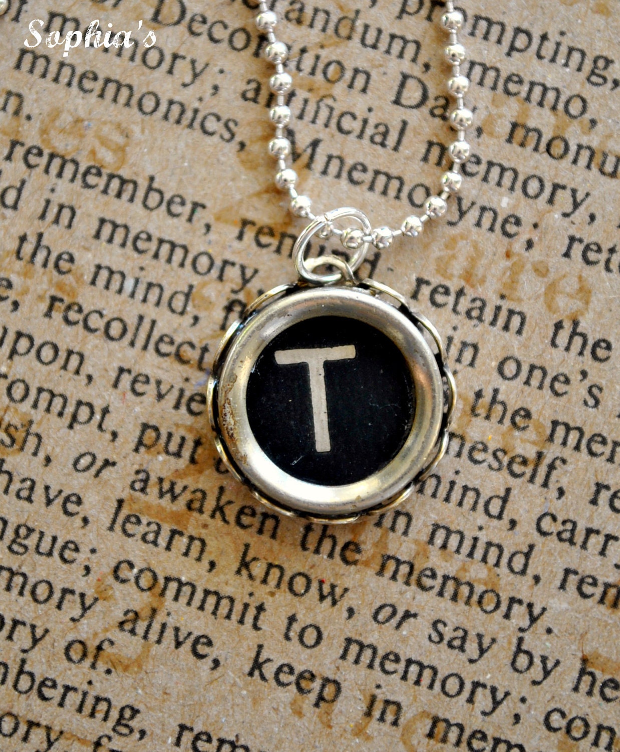 Antique Glass Typewriter Key Jewelry Necklace - Letter T - Black