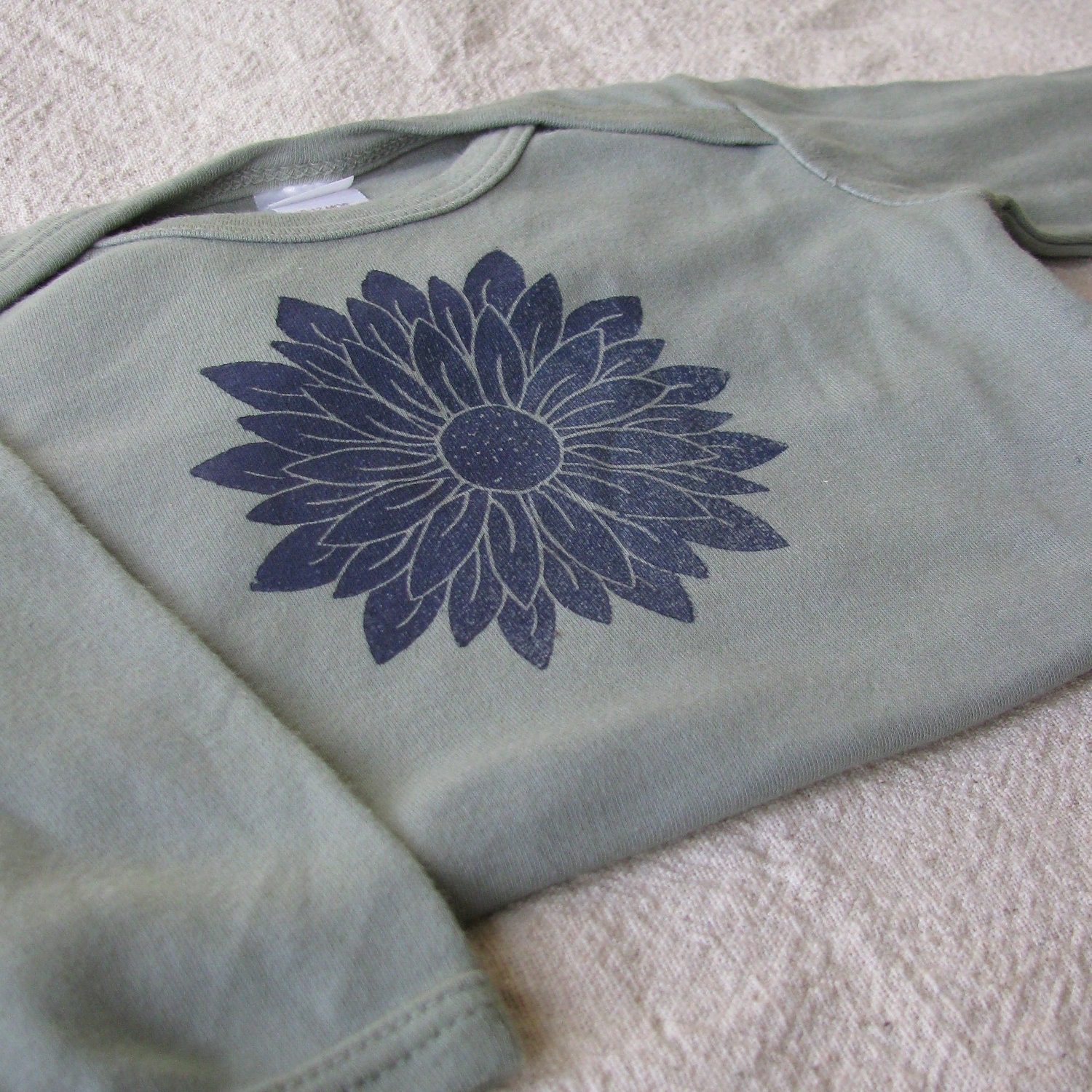 Lino Cut Flower Long Sleeve Onesie,  Hand-Dyed, Hand-Printed, 6-12 Month Size