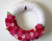 Pink Roses Wreath, Yarn and Felt Wreath, 12 inch size - TheBakersDaughter