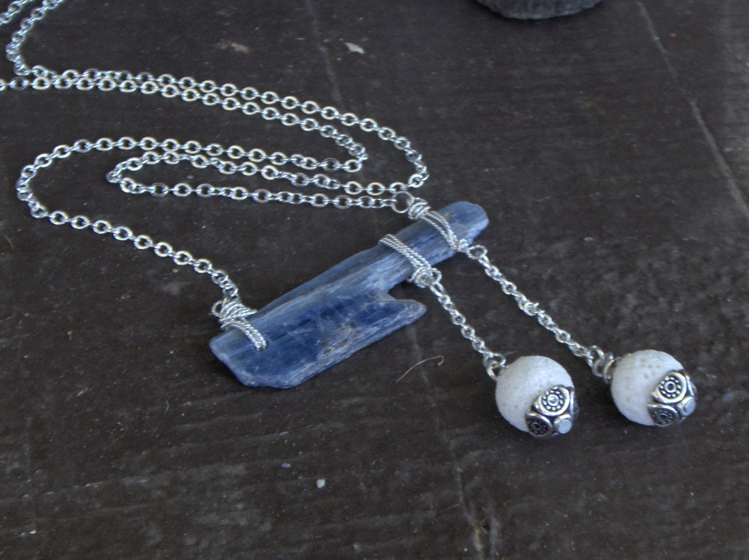 Hail Storm. Ice Water Gift From Odin. Madagascar Blue Kyanite stick with carved Runes, and white lava hail beads necklace