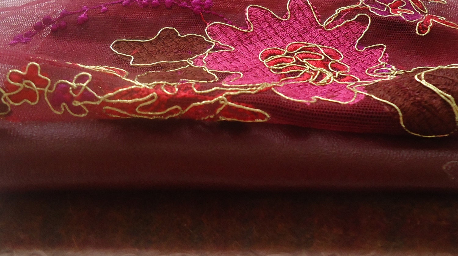 Plaid, leather and lace fabrics - wine mix - 3 pieces