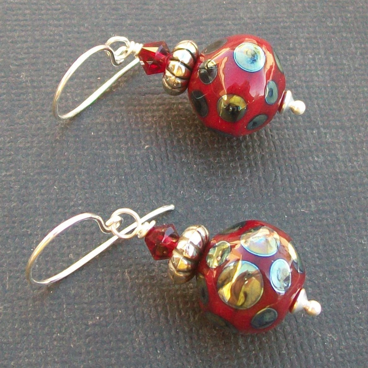 lampwork glass earrings ruby red silver spotted beads-  royal red