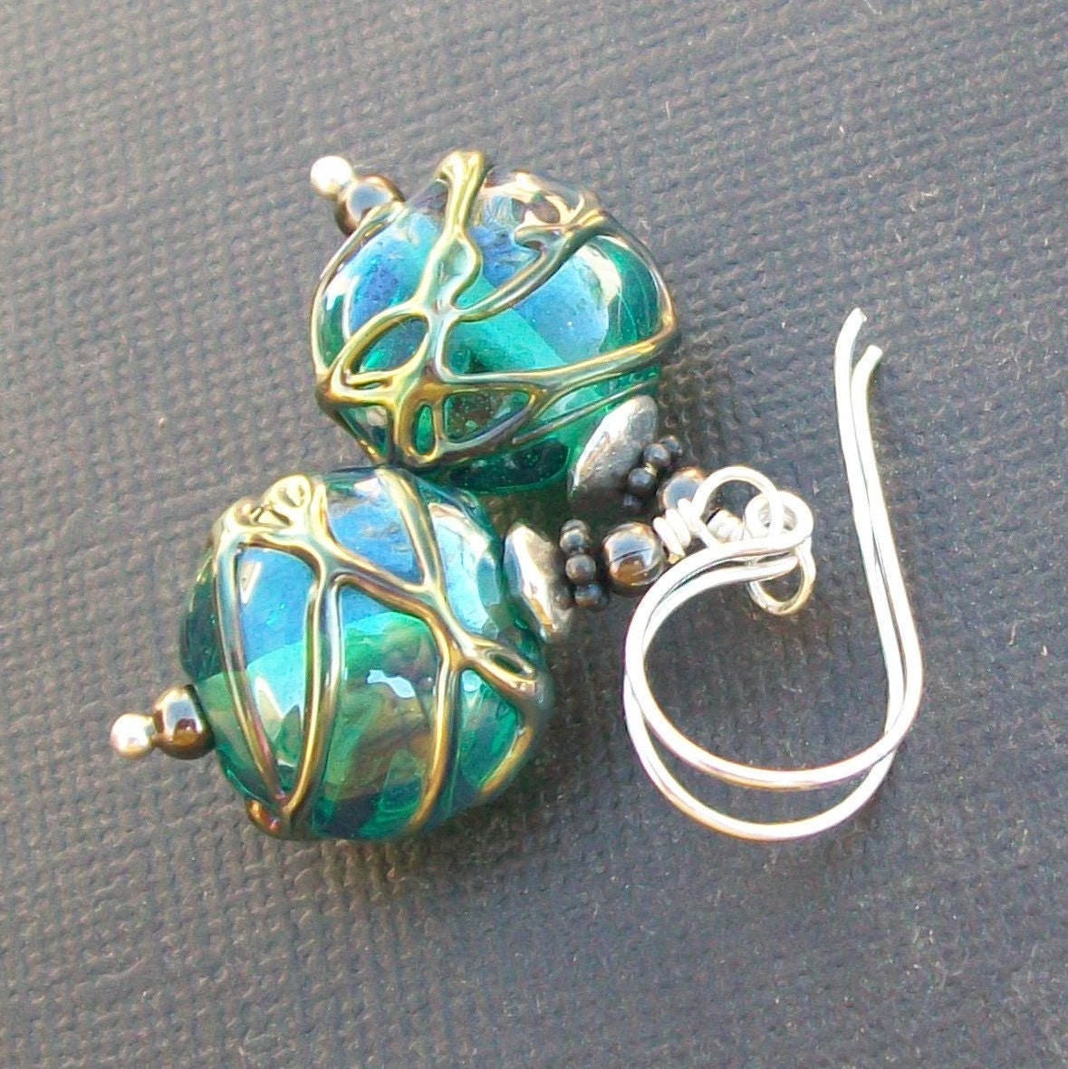 artisan lampwork glass earrings clear teal stringer wrapped beads- stained glass