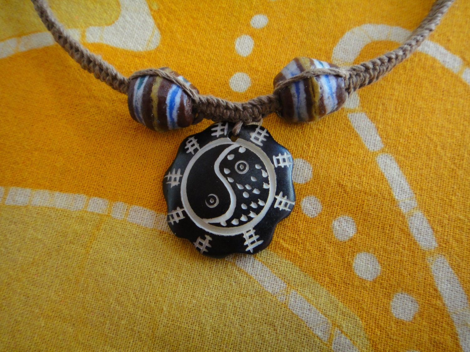 African Beaded Yin Yang Hemp Necklace